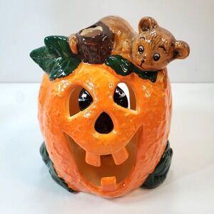 1988 Brinn's Halloween Jack O Lantern w/ Bear Ceramic Tea Light Holder Taiwan